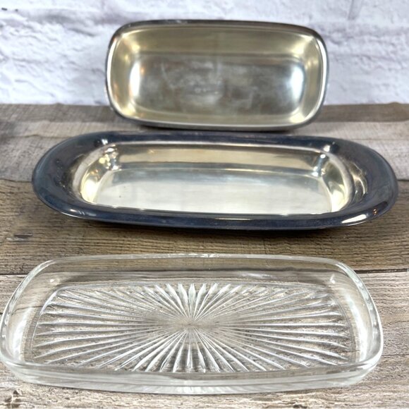 Wm Rogers Silver Plate MCM Covered Butter Dish Starburst Glass Insert Lid VTG - Picture 4 of 14